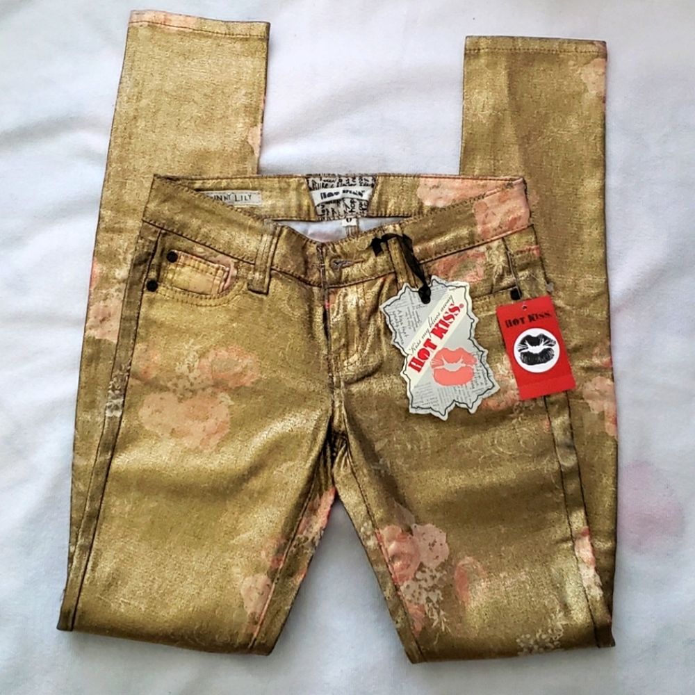 Hot Kiss Gold Metallic Floral Skinny Jeans